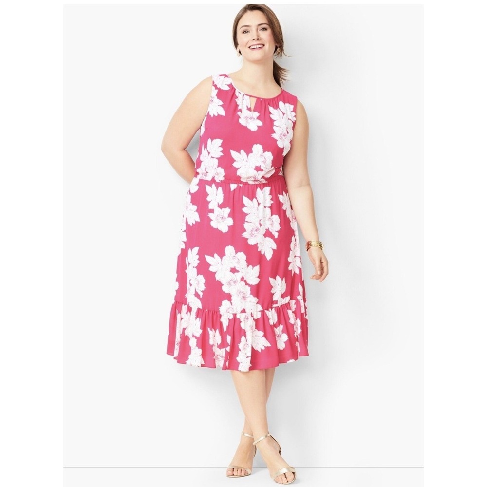 Talbots Plus Petite Pink White Floral Sleeveless Ruffle Hem Midi Dress 16WP